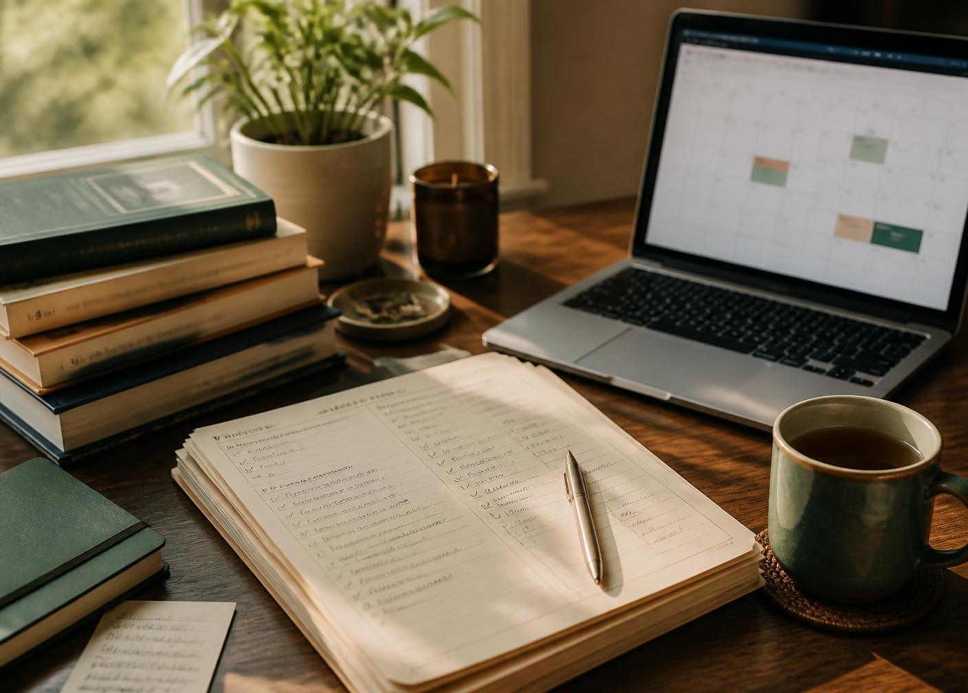 A daily study packet with checked-off tasks beside a laptop showing a calendar